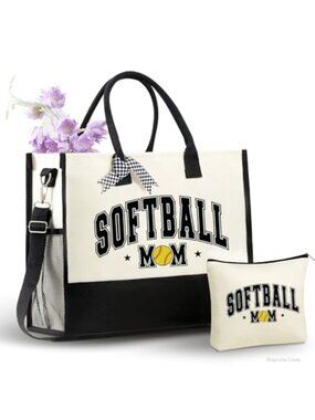 Canvas Softball Mom Tote Bag with Makeup Pouch Zipper Closure